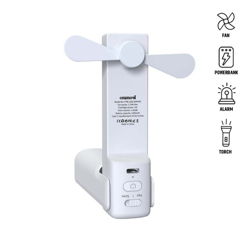 [ITPB 1250] ZEPHYR - @memorii 4-in-1 Fan Powerbank, Safety Alarm & Torch - White